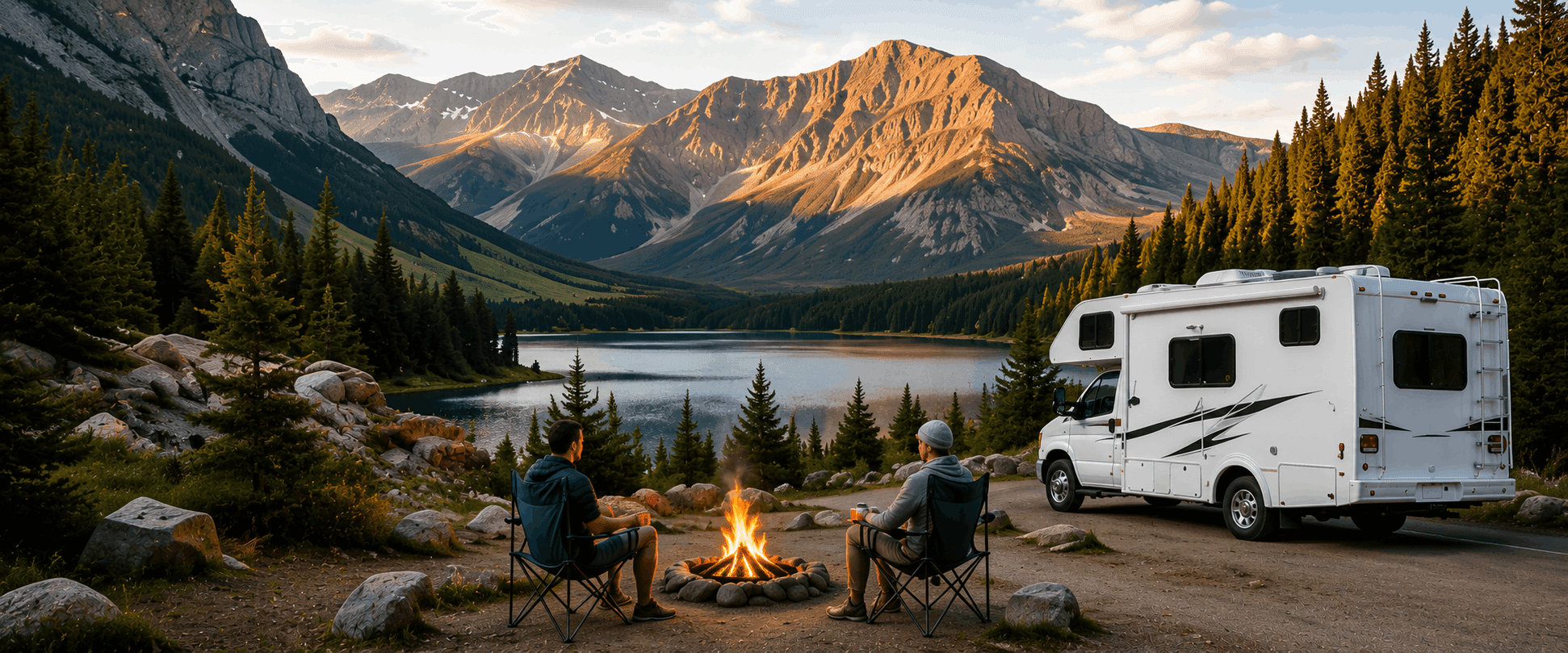 RV parked beside a lakeside campfire with mountains behind