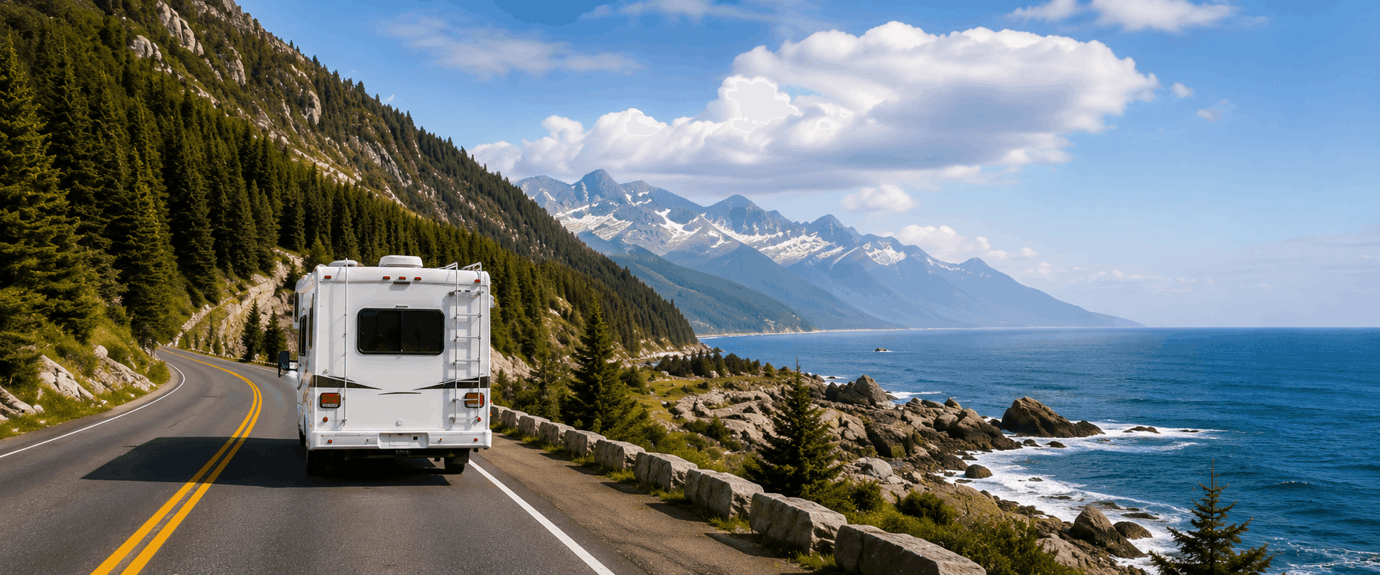 RV on a coastal road overlooking the ocean
