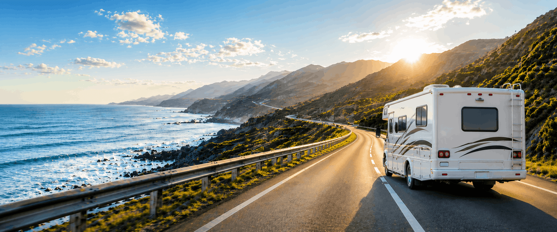 RV driving along a coastal road