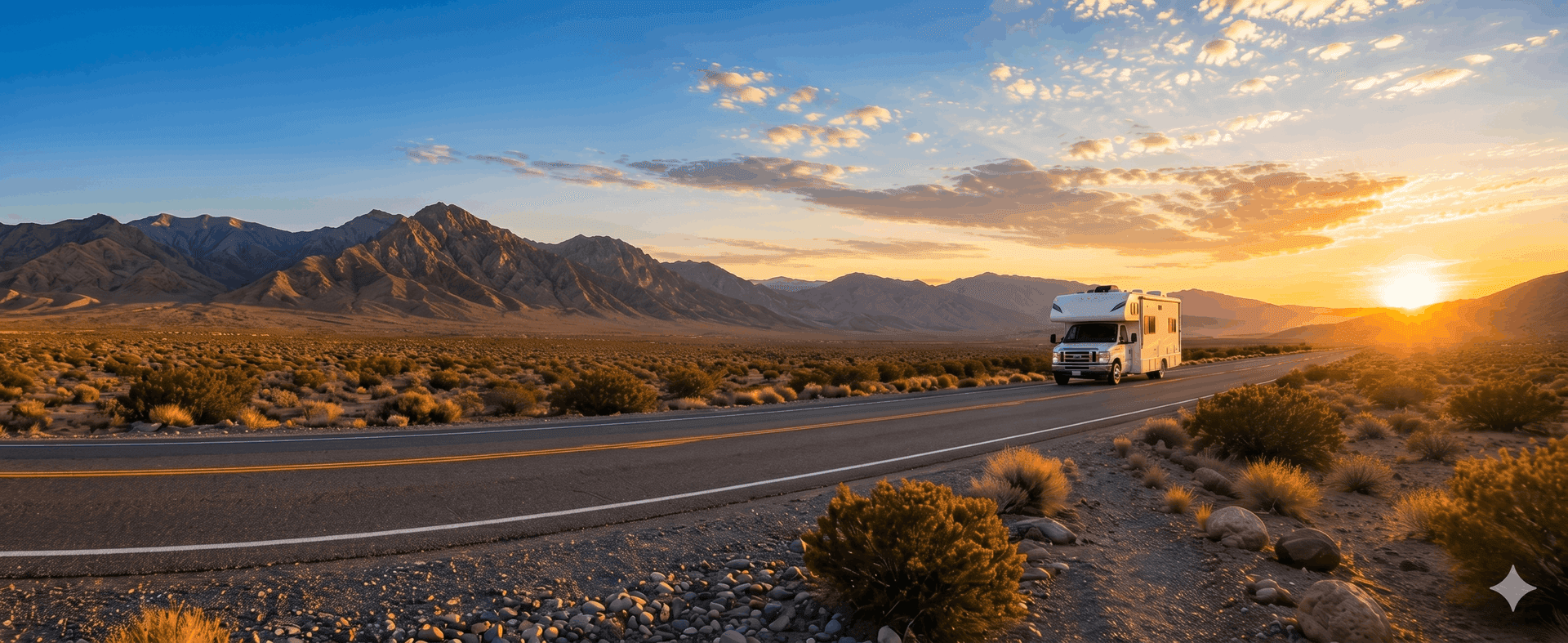 Motorhome on an open highway at sunset