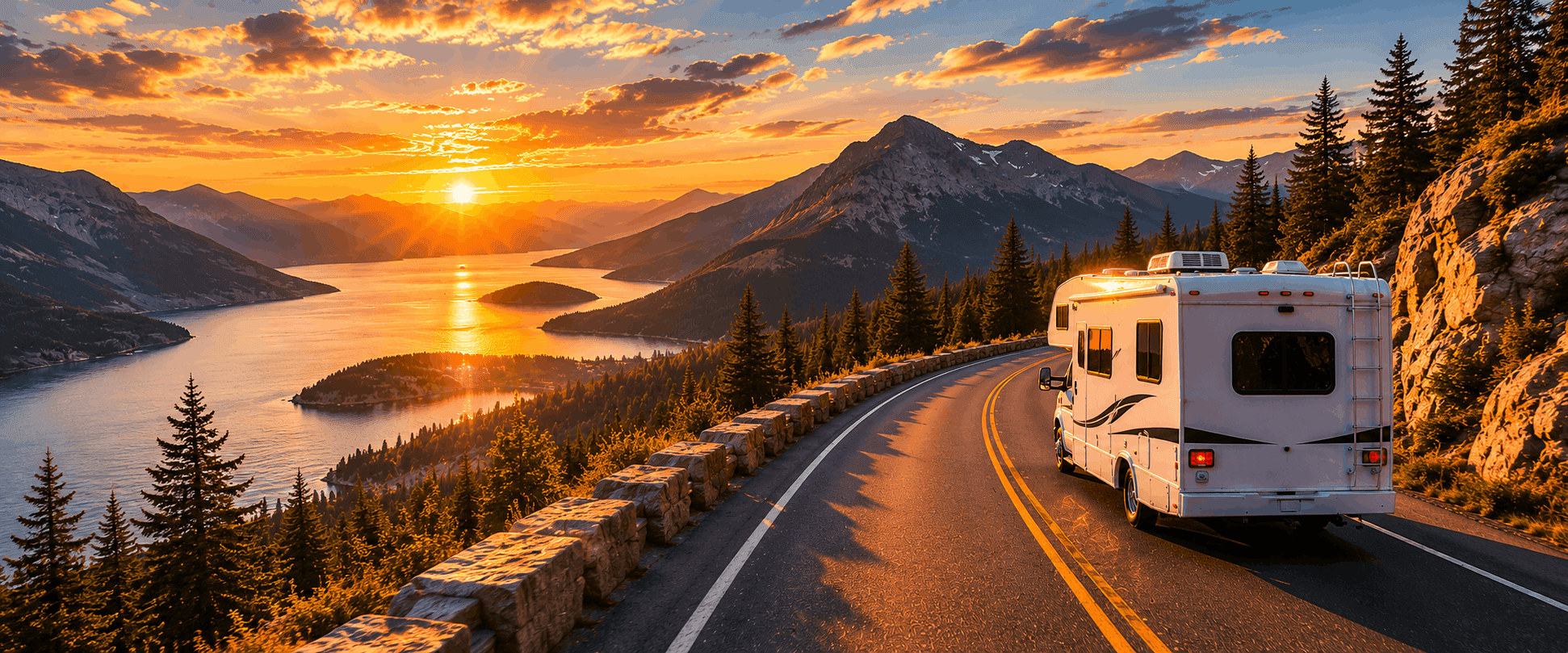 Class C motorhome driving a winding mountain road at sunset above a lake